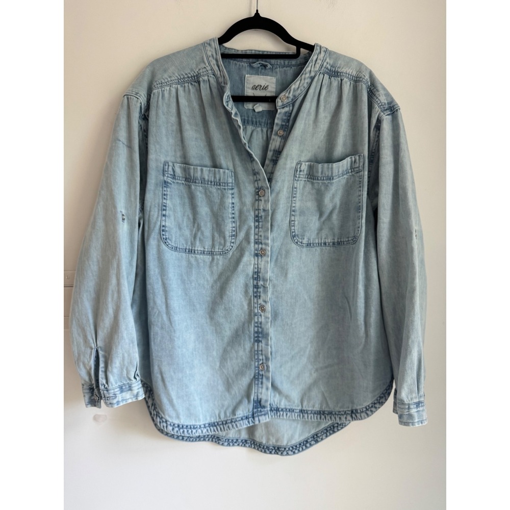 Aerie Womens Light Wash Denim Button Down Shirt Band Collar Cotton Size M